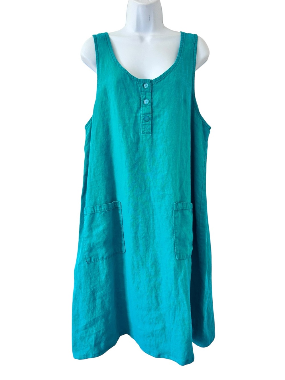 Vintage USA Flax Linen Teal Sleeveless Midi Dress 12 Pockets Coastal